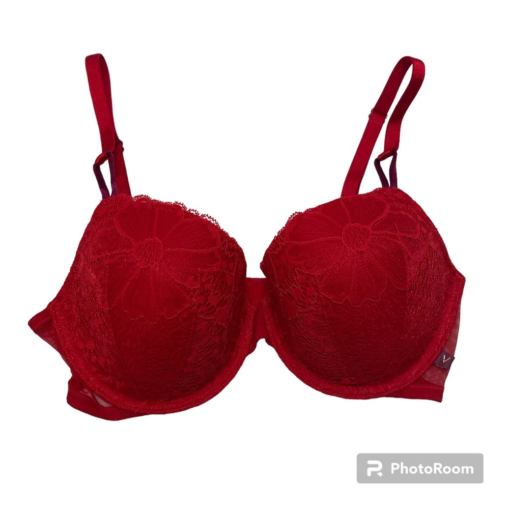 Victorias Secret Lined Demi Bra 34D Underwire Red Floral Lace